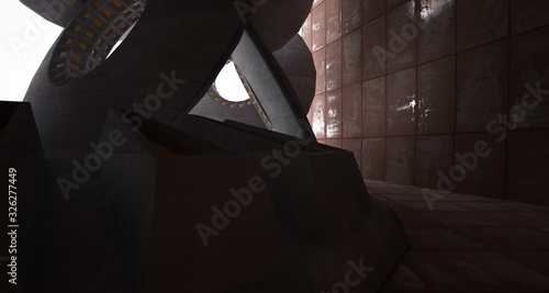 Abstract architectural rusted metal interior with concrete discs . 3D illustration and rendering.