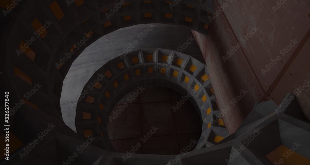 Abstract architectural rusted metal interior with concrete discs . 3D illustration and rendering. Abstract architectural rusted metal interior with concrete discs . 3D illustration and rendering.