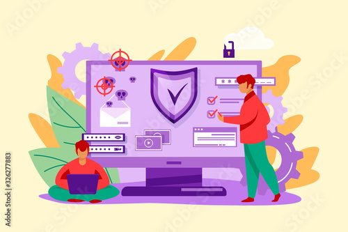 Personal digital security. Defence, protection from hackers, scammers flat vector illustration. Data breaches, data leakage prevention concept for banner, website design or landing web page