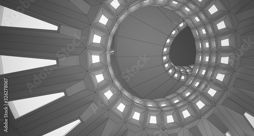 Abstract drawing white interior with discs and neon lighting. 3D illustration and rendering.