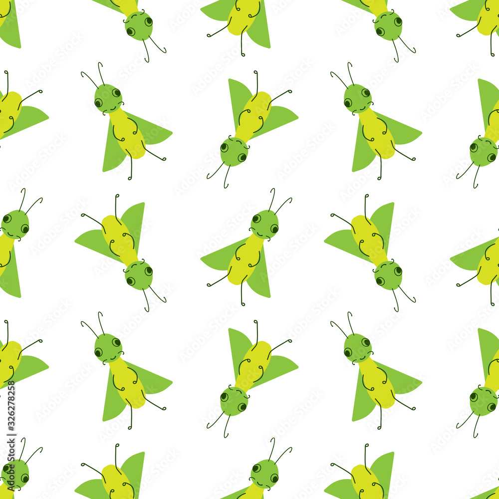 Vector seamless pattern with a cute insect bug on a white background. Flat design for children. Cartoon kawaii funny Doodle character Vector seamless pattern with a cute insect bug on a white background. Flat design for children. Cartoon kawaii funny Doodle character