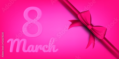8 march women's day horizontal poster or banner with pink balloons, butterflies and gift boxes on pink background. Promotion and shopping template or background for Love and women's day concept. EPS10