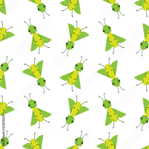 Vector seamless pattern with a cute insect bug on a white background. Flat design for children. Cartoon kawaii funny Doodle character
