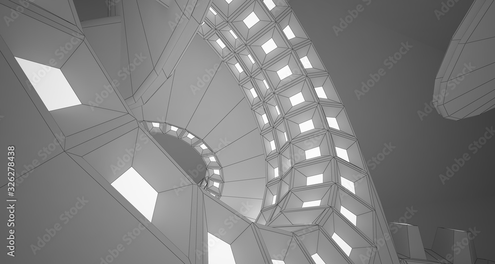 Abstract drawing white interior with discs and neon lighting. 3D illustration and rendering. Abstract drawing white interior with discs and neon lighting. 3D illustration and rendering.