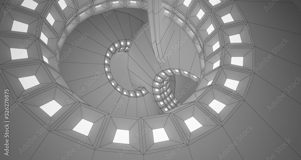 Fototapeta premium Abstract drawing white interior with discs and neon lighting. 3D illustration and rendering.
