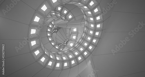 Fototapeta Naklejka Na Ścianę i Meble -  Abstract drawing white interior with discs and neon lighting. 3D illustration and rendering.