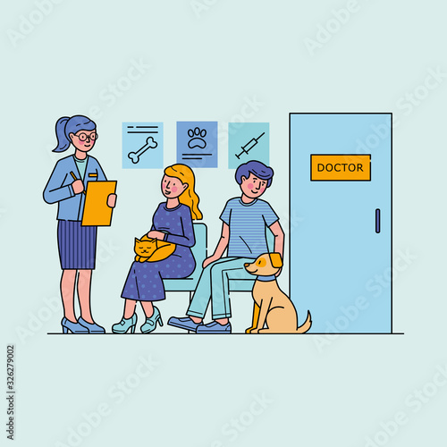 People with pets waiting for doctor in queue. Vet services for cat, medical care for dog vector illustration. Veterinarian clinic concept and pet owner sitting at hospital hall