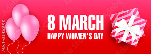8 march women's day horizontal poster or banner with pink balloons, butterflies and gift boxes on pink background. Promotion and shopping template or background for Love and women's day concept. EPS10