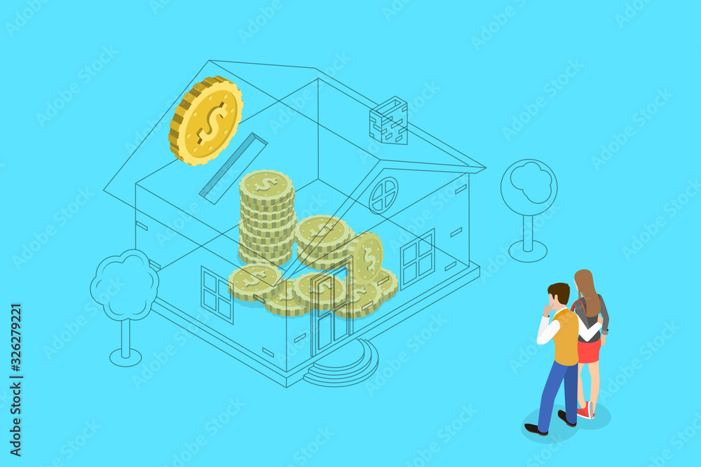 Naklejka premium Isometric Flat Vector Concept of Mortgage, Investing Money in Real Estate, Home Loan Payment.