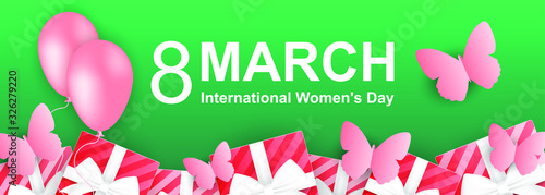8 march women's day horizontal poster or banner with pink balloons, butterflies and gift boxes on pink background. Promotion and shopping template or background for Love and women's day concept. EPS10