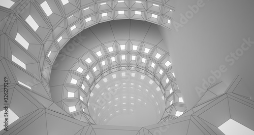 Fototapeta Naklejka Na Ścianę i Meble -  Abstract drawing white interior with discs and neon lighting. 3D illustration and rendering.