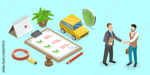 Car Insurance Flat Isometric Vector Concept. Insurance Company Agent is Shaking Hand to the Client beside the Policy and Other Attributes.