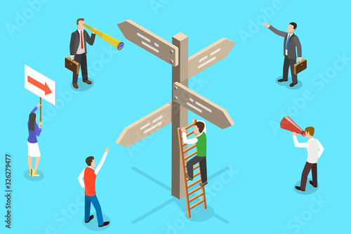 Isometric Vector Concept of Choosing the Right Direction. People are standing around the the Signpost Discussing Which Solution to Choose.