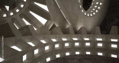 Abstract architectural concrete interior with discs. Neon lighting. 3D illustration and rendering.