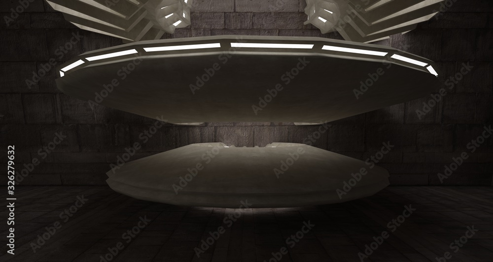Abstract architectural concrete interior with discs. Neon lighting. 3D illustration and rendering. Abstract architectural concrete interior with discs. Neon lighting. 3D illustration and rendering.