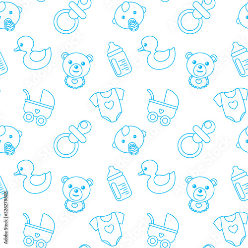 Baby shower seamless pattern with cute baby boy, nipple toy duck, teddy bear. Print design for baby goods and clothes