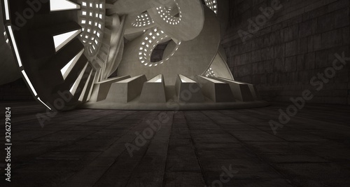 Abstract architectural concrete interior with discs. Neon lighting. 3D illustration and rendering.
