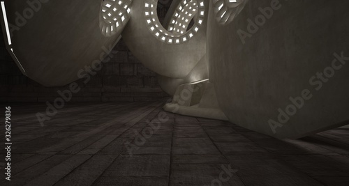 Abstract architectural concrete interior with discs. Neon lighting. 3D illustration and rendering.