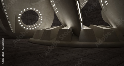 Abstract architectural concrete interior with discs. Neon lighting. 3D illustration and rendering.