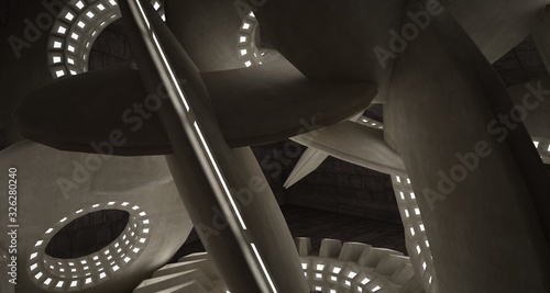 Abstract architectural concrete interior with discs. Neon lighting. 3D illustration and rendering.