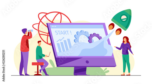 Team starting project. Workgroup working on startup, launching rocket from monitor with growth chart. Vector illustration for new business idea concept