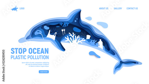 Ocean plastic pollution page template with dolphin silhouette. Paper cut dolphin with plastic rubbish, fish, bubbles and coral reefs isolated on white background. Paper art vector illustration