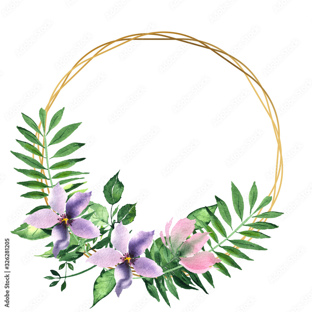 Fototapeta premium Watercolor floral gold frame with pink and lilac tropical flowers magnolias and leaves, cute baby Elephant