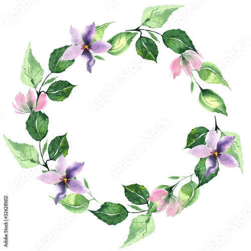 Watercolor floral wreath with pink and lilac tropical flowers magnolias and leaves