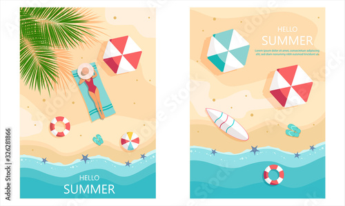 Set of summer gift certificates. Unusual design of the coupon used for invitation, gift card and certificate. Vector illustration with sea shore and palm trees, woman in hat are sunbathing