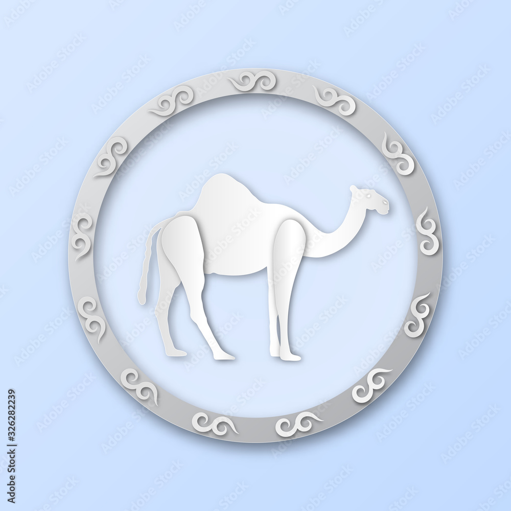 Logo pattern with round frame and white camel pattern for wild animal concept ,vector or illustration with paper art style Logo pattern with round frame and white camel pattern for wild animal concept ,vector or illustration with paper art style