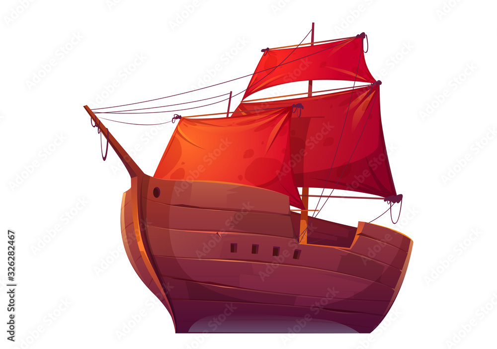 Vector wooden boat with red sails. Pirate merchant ship with blank