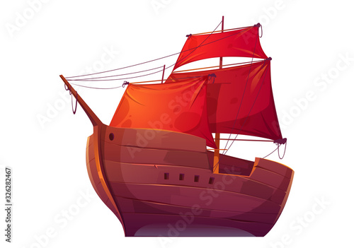 Vector wooden boat with red sails. Pirate merchant ship with blank scarlet canvas. Cartoon old wooden frigate, vintage galleon isolated on white background
