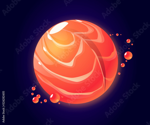 Salmon planet in outer space. Vector cartoon funny art of food planet, sphere with fish steak texture in cosmos. Illustration for gui of fantasy game about tasty galaxy world