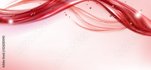 Red water splash wave with air bubbles and sparkles. Dynamic motion of liquid with, pure hydration element for cosmetics or drink ad isolated on pink background. Realistic 3d vector illustration