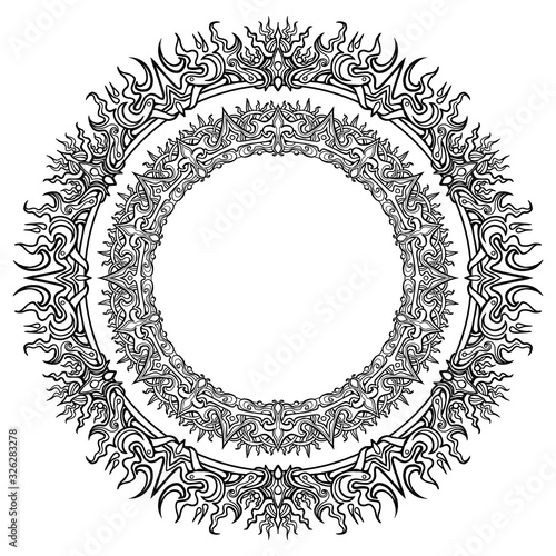 Beautiful circular pattern frame, with many small details symmetrically arranged around the perimeter. 2D illustration.