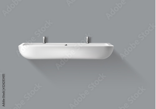 Long washbasin with taps for bathroom, public restroom, modern WC. Vector realistic white ceramic sink with faucet hangs on wall in washroom isolated on gray background