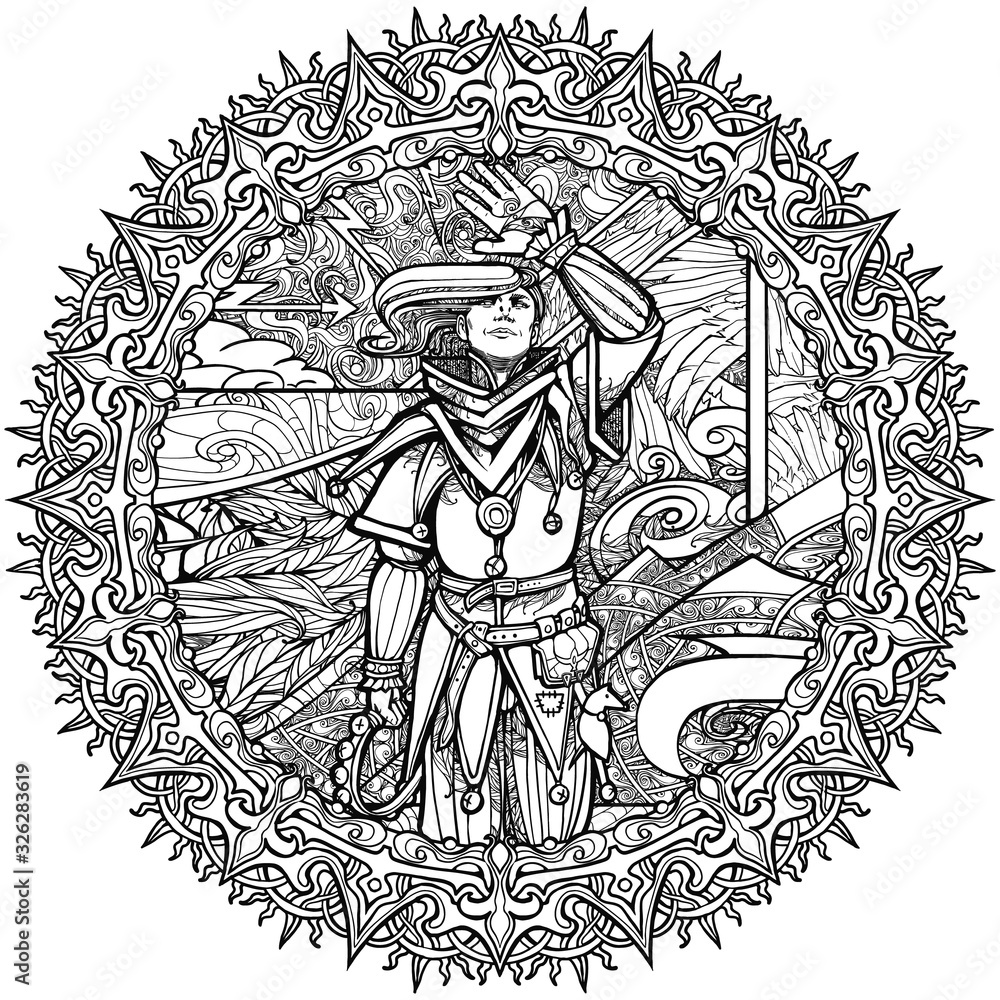 Fototapeta premium Coloring book for adults, a young optimistic guy jester in a beautiful suit, covers his face with his hand from the sun, behind him the elements are raging, personifies the tarro card 