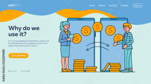 People making financial transactions via mobile app. Banking and sending money flat vector illustration. Mobile transfer payments and remittance concept using online electronic service