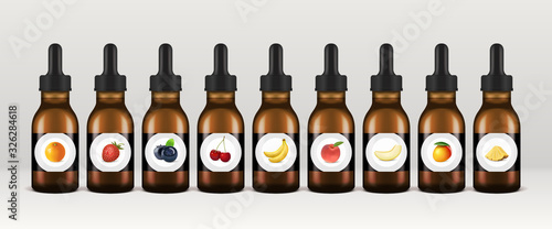 Vape liquid bottles. Set of vector e-liquid droppers. Various fruit flavors, orange, strawberry, blueberry, cherry, banana, peach, melon, mango and pineapple.