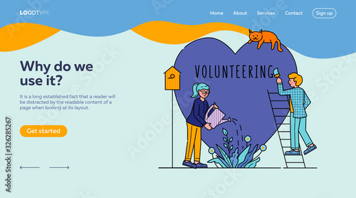 Voluntary charity persons vector illustration. Symbolic love of humanity as nonprofit social teamwork. Care, love and good heart community support concept. Contributing and volunteering.