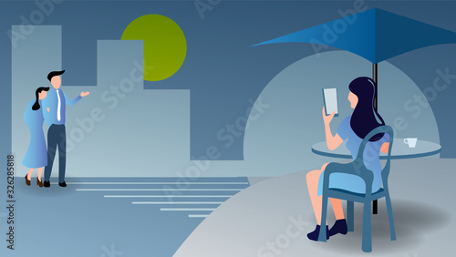 The city lifestyle cartoon illustration picture of a woman sit and uses her smartphone while a couple is walking pass her. ( vector )