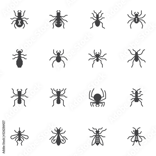 Insects vector icons set, modern solid symbol collection, Hexapod bugs filled style pictogram pack. Signs logo illustration. Set includes icons as spider, mosquito, fly, ant, moth, mite, pest, cricket © alekseyvanin