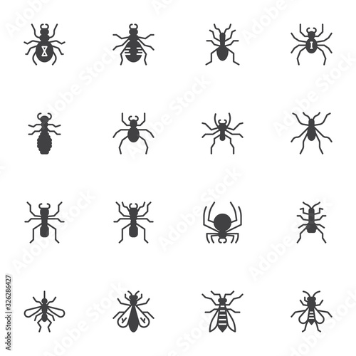 Insects vector icons set, modern solid symbol collection, Hexapod bugs filled style pictogram pack. Signs logo illustration. Set includes icons as spider, mosquito, fly, ant, moth, mite, pest, cricket