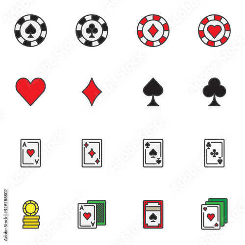 Casino gambling filled outline icons set, line vector symbol collection, linear colorful pictogram pack. Signs logo illustration, Set includes icons as casino chips, gaming cards, coins, ace of hearts