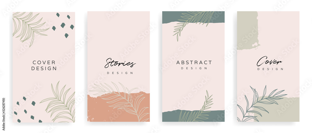 Social media stories and post creative Vector set. Background template with copy space for text and images Design byabstract colored shapes,  line arts , Tropical leaves  warm color of the earth tone - obrazy, fototapety, plakaty 