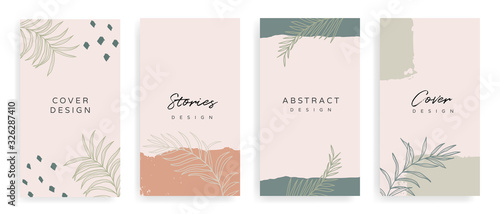 Social media stories and post creative Vector set. Background template with copy space for text and images Design byabstract colored shapes   line arts   Tropical leaves  warm color of the earth tone
