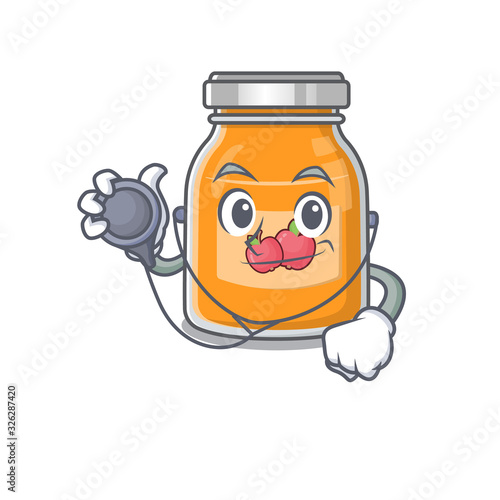 A mascot picture of apple jam cartoon as a Doctor with tools