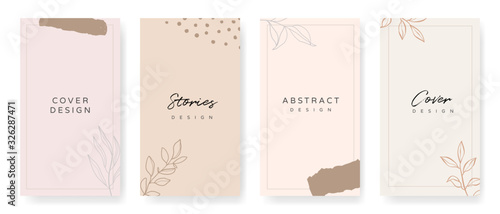 Social media stories and post creative Vector set. Background template with copy space for text and images Design byabstract colored shapes,  line arts , Tropical leaves  warm color of the earth tone