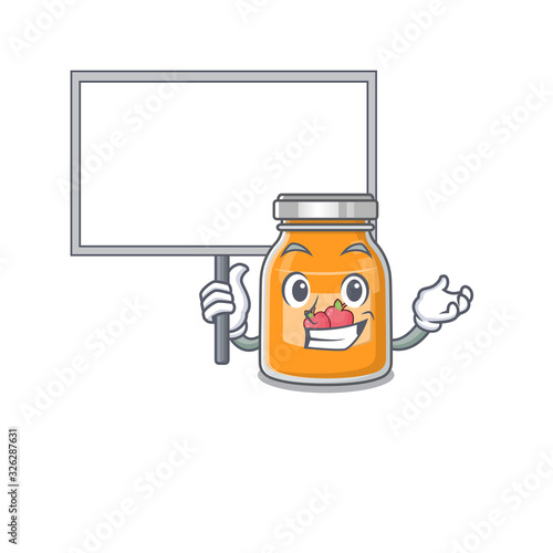 A cute picture of apple jam mascot design with a board