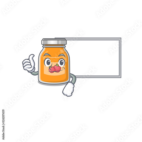Thumbs up of apple jam cartoon design having a board